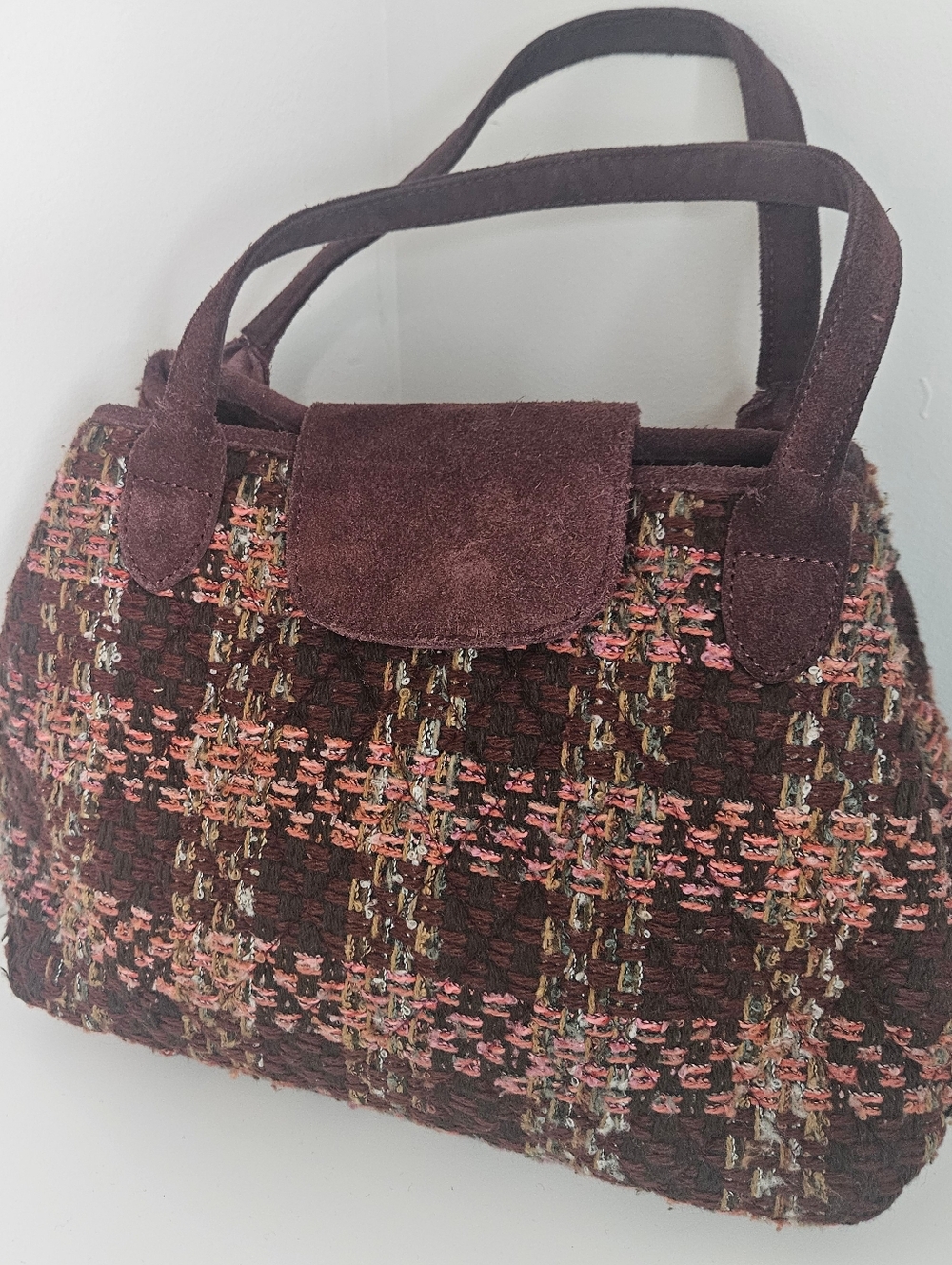 Vera Bradley Tweed Plaid Burgundy Pink Handbag Satchel Bag Suede Accents Purse